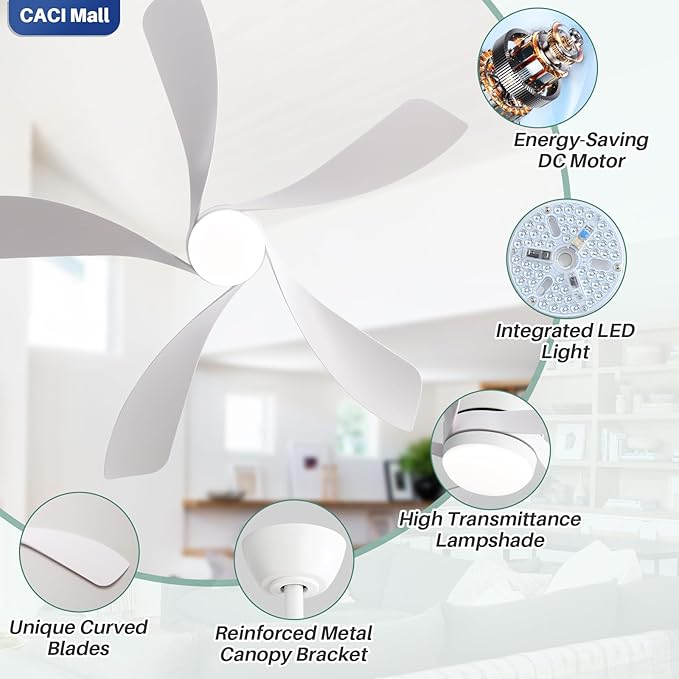 CACI Mall 52 inch Smart Ceiling Fan with Lights, Remote Control, Compatible with Alexa/Google/App, 5 Blades, Dimmable Lighting, Quiet, Indoor/Outdoor Ceiling Fans for Living Room, Bedroom, Patios