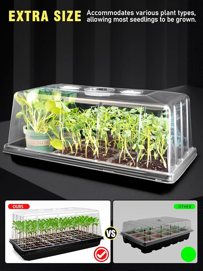 1020 Plant Tray with Tall 8'' Dome, 144-Cell Seed Starter Tray with Heat Mat, Extra Large Seed Starter Kit, Heavy-Duty Seed Starter Tray for Seed Starting, Plant Germination & Growing, 2 Pack