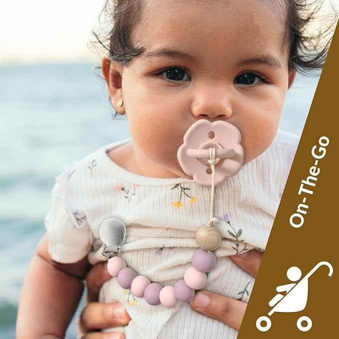 2 Pack Pacifier Clips, Silicone Pacifier Clip for Baby Boys and Girls, Baby Pacifier Strap with Silicone Beads, Soother Dummy Holder, Pacifier Holder, Keeps Pacifier Clean (Beau/Sage)