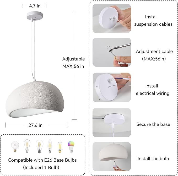 70CM White Modern Pendant Lights,Adjustable Hanging Light Fixtures,Japanese Hanging Lamp,Japandi Chandelier Light,Island Lights for Kitchen(White,70cm/27.6in)