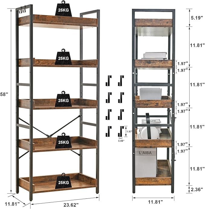 HCHQHS Adjustable 5 Tier Open Bookcase, Rustic Farmhouse Book Shelves, Industrial Wood and Black Metal Bookshelves, Mid Century Bookcase for Home Office Living Room Bedroom