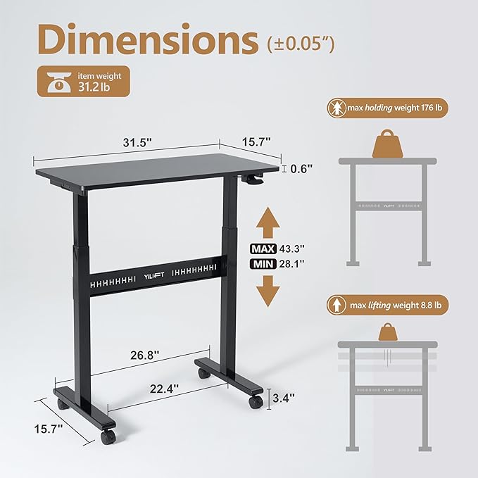 Non-Electric Auto-Lifting Standing Desk, No Knobs or Crank, Cordless, Rolling and Mobile, Great for Walking Pad, Adjustable Height 28.1'' to 43.3'', Desktop Size 31.5'' by 15.7'', Color Black