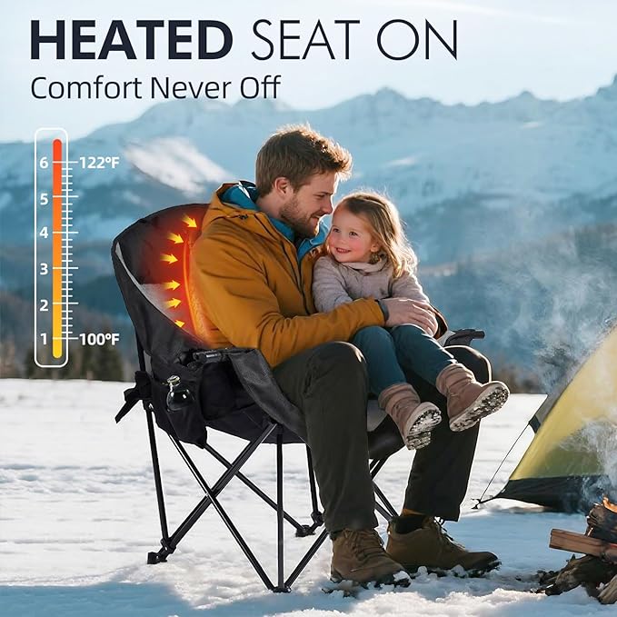 Heated Oversized Camping Chair - Heavy Duty Padded Folding Camping Chairs for Adults with Cooling Bag, Side Pocket, Cup Holder and Carry Bag for Outdoor Sports Lawn Fishing Garden Portable