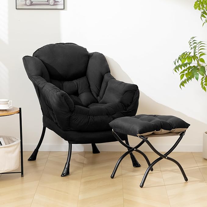 HollyHOME Lazy Chair with Foldable Ottoman,Accent Comfy Lounge Arm Chair and Folding Footrest Stool Set,Leisure Sofa Reading Chair and Footstool for Living Room,Bedroom, Dorm,Peachskin Fabric Black