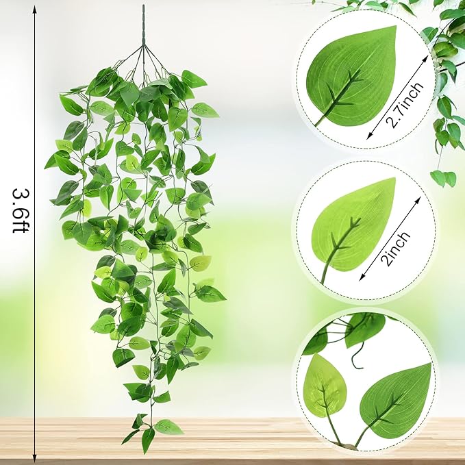 Hoteam 18 Pcs Artificial Hanging Plants 32 Inch Fake Ivy Vines with Fake Leaves Patio Artificial Plants Greenery for Living Room Indoor Outdoor Wall, No Basket (Pothos)