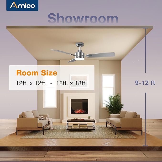 Amico Ceiling Fans with Lights, 52 Inch Ceiling Fan with Light and Remote Control, Nickel Fan, Reversible, 3CCT, Dimmable, Noiseless, Ceiling Fan for Bedroom, Indoor/Outdoor Use