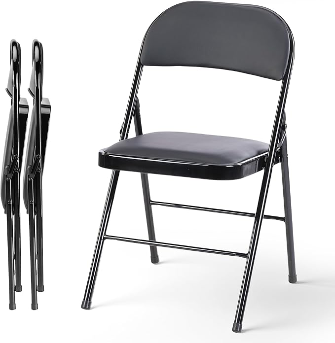 HealSmart 2 Pack Folding Chairs with Leather Padded Cushion Seats, Back & Sturdy Metal Frame, Stackable, Portable, Commercial Event Seat, Indoor Outdoor for Parties, Home Event, Office, Black