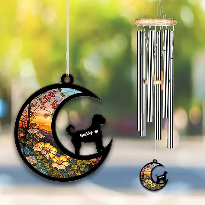 Goldendoodle Sun Catcher Wind Chime, Custom Sunflower Suncatcher Dog Memorial Wind Chime, Dog Loss Gift, Dog Sympathy Gift, Pet Loss Suncatcher, Outdoor Garden Decor