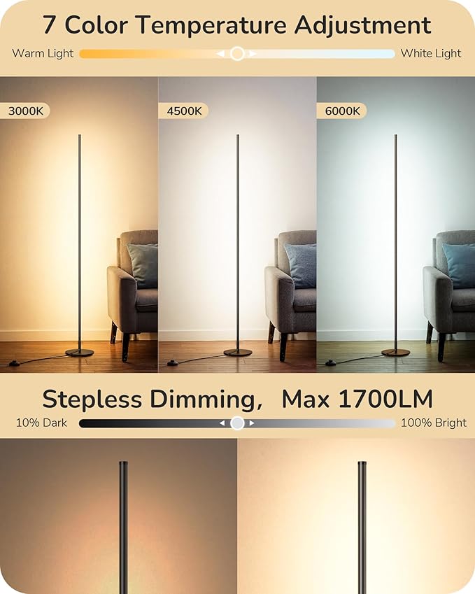 EDISHINE 59.8" Modern Floor Lamp, Minimalist Floor lamp with 3 Height Settings, 3 Color Temperature & Stepless Dimming, Remote Control, Foot Switch, Slim for Living Room, Black