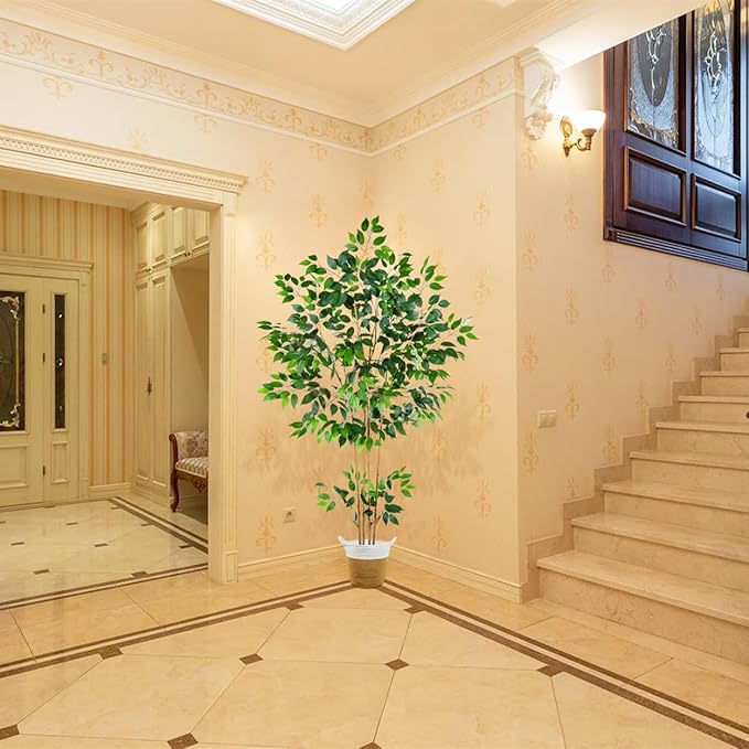 Artificial Ficus Tree, 6ft Tall Silk Fake Ficus Leaves Plant with Basket, Indoor Outdoor Faux Greenery Tree for Home Garden Office House Livingroom Décor