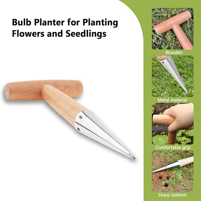 Hand Dibber, Seed Dibber, Garden Dibber, Dibber Garden Tool, Galvanized Alloy Head, Bulb Planter for Planting Flowers Tulips Daffodils Dahlias