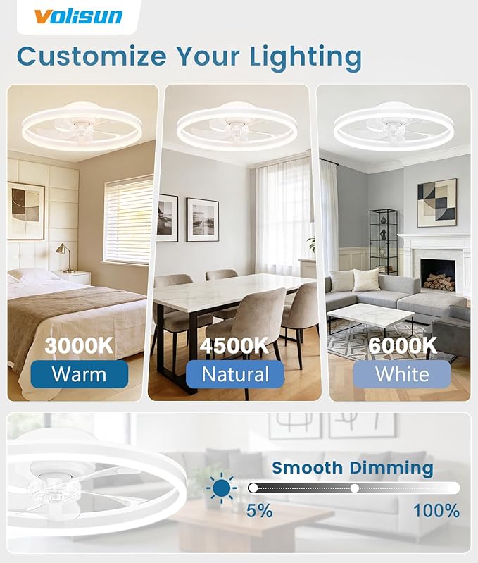 VOLISUN RGB Ceiling Fans with Lights and Remote, 20in Low Profile Ceiling Fans with Lights Flush Mount, 3000K-6500K Dimmable Fandelier LED Fan Light, White Bladeless Ceiling Fans for Bedroom