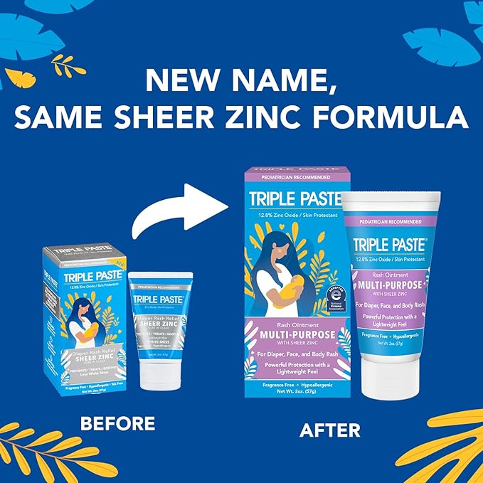Triple Paste Multi-Purpose Baby Healing Ointment, 2 oz Tube, Baby Diaper Rash Cream and Skin Protectant for Hands, Face & Bottom Treats, Soothes and Prevents with Zinc Oxide (Packaging May Vary)