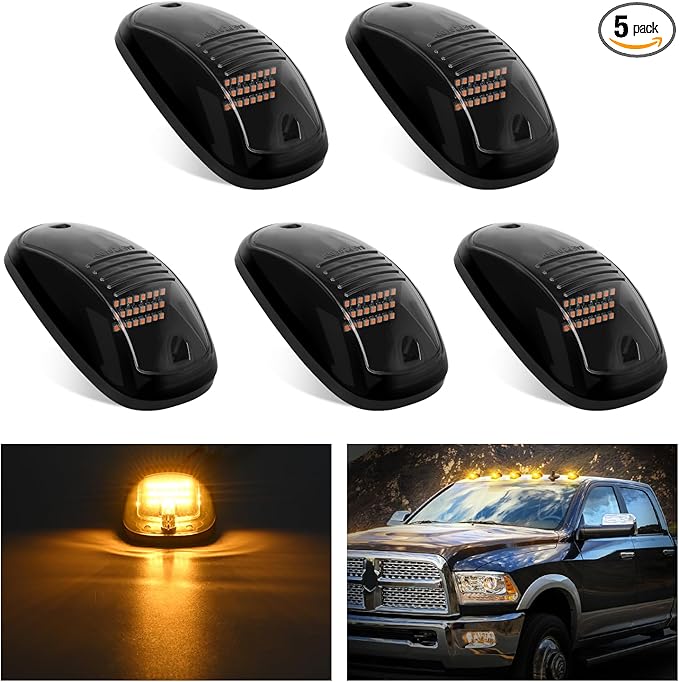 Nilight LED Cab Marker Lights 5 PCS 24 LED Smoke Lens Amber Clearance Roof Running Light Compatible with 2003-2018 Dodge Ram 1500 2500 3500 Pickup Trucks