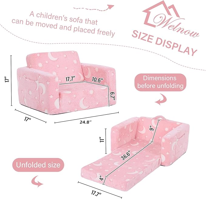 Welnow Toddler Chair, 2-in-1 Soft Sherpa Kids Sofa, Convertible Toddler Couch Lounger, Flip Out Kids Couch Chair with Side Pockets & Removable Cover for Girls and Boys, Pink Moon