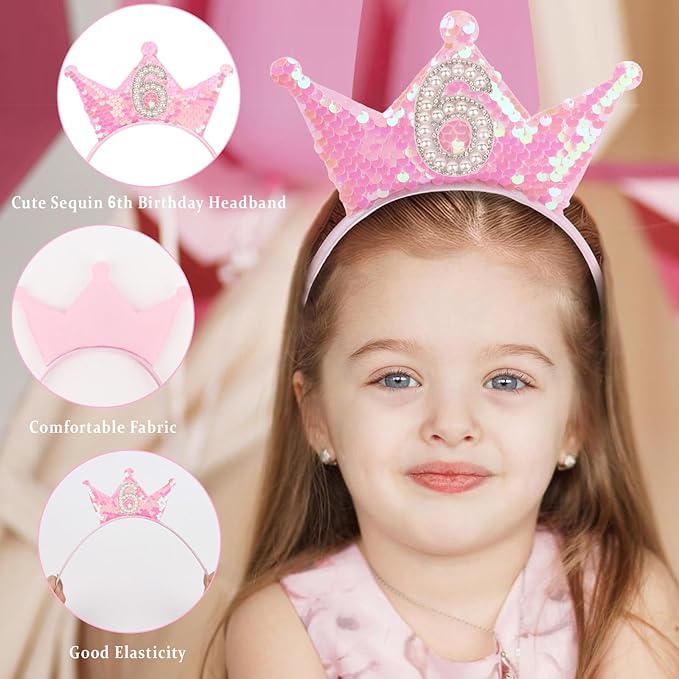 Birthday Crown Headband Pink Glitter Headbands for Girls Gifts for 6 Year Old Girl 6th Birthday Decorations for Girls