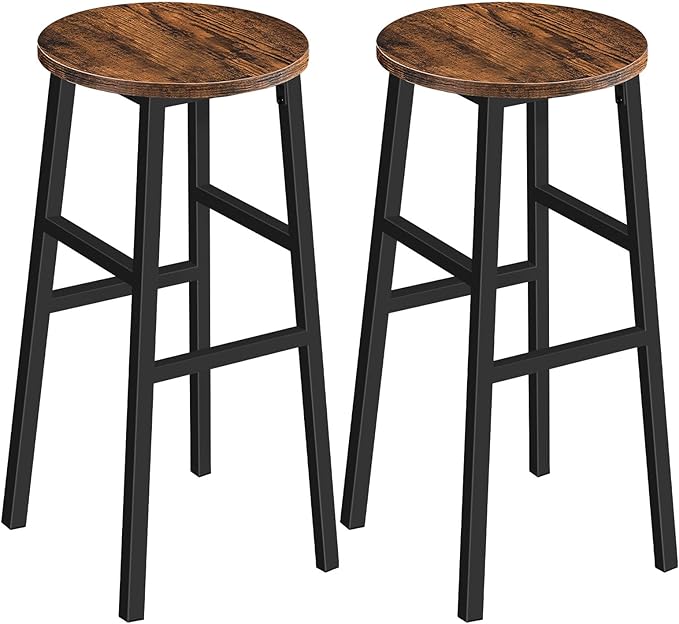 Bar Stools, Set of 2 Round Bar Chairs with Footrest, 28 Inch Kitchen Breakfast Bar Chairs, Industrial Bar Stools, Easy Assembly, for Dining Room, Kitchen, Rustic Brown BAHR02701