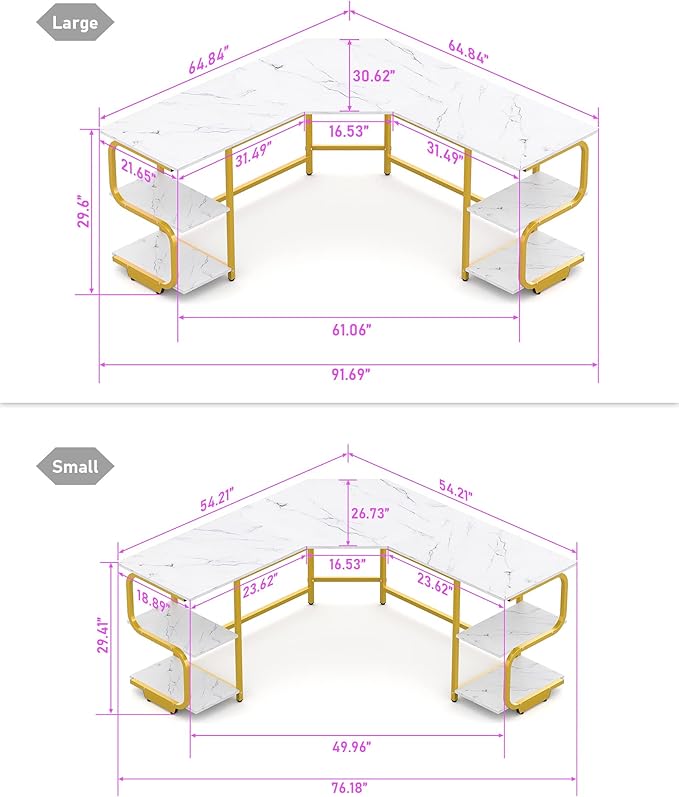 Teraves Modern L Shaped Desk with Shelves,64.84" Computer Desk/Gaming Desk for Home Office,Corner Desk with Large Desktop (White Marbling+ Gold Frame, Large+4 Tier Shelves)