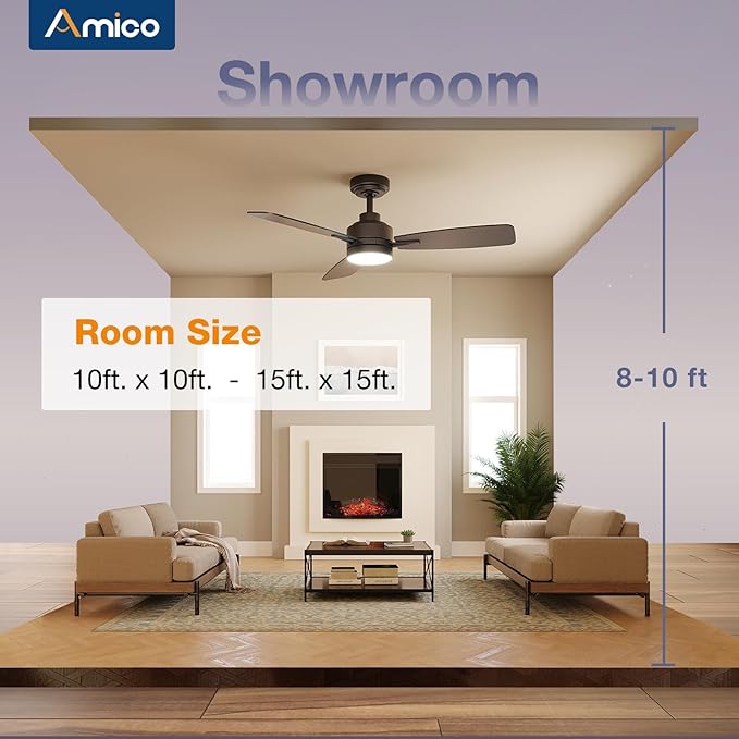 Amico Ceiling Fans with Lights, 44 inch Ceiling fan with Light and Remote Control, Reversible, 3CCT, Dimmable, Noiseless, Small Black Ceiling Fan for Bedroom, Indoor/Outdoor Use
