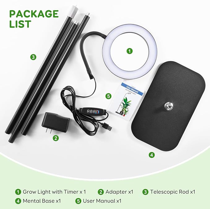 One Head Grow Lights for Indoor Plant Full Spectrum, Plant Lights for Indoor Growing with 3/9/12 Timer, 5 Dimmable Levels, Height Adjustable 16.5''-68", Strong Base for Large Plants