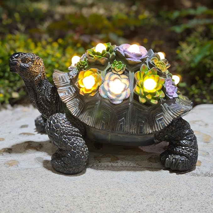 Solar-Powered Succulent Turtle Statue - Resin Garden Decor with LED Lights, Waterproof Outdoor Ornament for Patio, Yard, Lawn - Unique Housewarming Gifts