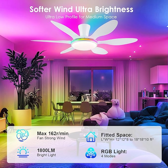Ceiling Fans with Lights, 51 inch Modern White Low Profile Ceiling Fan with Light and Remote App Control, Flush Mount, Quiet DC Reversible, RGB Led Ceiling Fan 6 Blade Softer Wind Indoor/Outdoor Patio