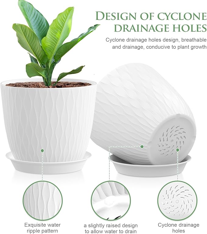 7 inch Plant Pots, 5 Pack Flower Pots with Drainage Holes and Saucers for Indoor Plants, Plastic Planters with Water Ripple for Small Garden House Plants, Nursery Pots for Succulent, White