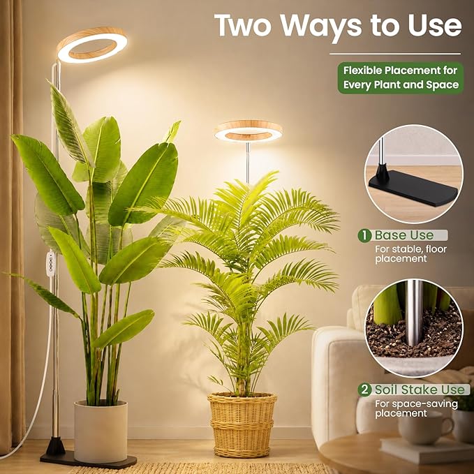LBW Grow Lights for Indoor Plants, 6.3" Full Spectrum Plant Light with Base, 65" Height Adjustable Grow Lamp, 6/8/12/16H Auto Timer, 3 Colors, 5 Dimmable Levels, for Tall Large Plants, Bamboo Grain