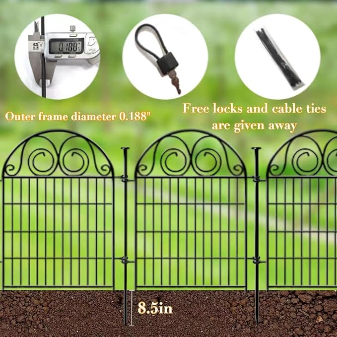 Dog Fence Outdoor for Yard, 32 in(H)×8.8 Ft(L) 4 Panels Garden Fences with Gate, Black Metal No Dig Fence for Dogs, Reusable Defense Temporary Fencing│Patented