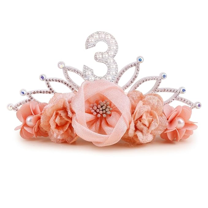 cherrboll Baby Girl Birthday Crown Floral Headband, Soft Flower Head Wrap Tiara Hairband for 1-3 Years Old Toddlers Kids 3rd Birthday Party Dress Photo Decoration