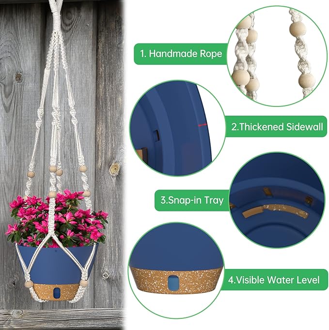 ZMTECH 2 Pack 10 Inch Blue Hanging Planters with Macrame Plant Hanger for Indoor and Outdoor Plants, Self Watering, Drainage Hole, Visible Level Tray