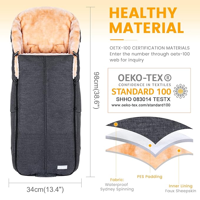 Orzbow Stroller Footmuff Universal | Faux Wool Baby Bunting Bag | Warm, Weather-proof, Adjustable Buckles | Winter Stroller Blanket Cover | Baby Sleeping Bag for Cold Weather Accessories, Dark Grey