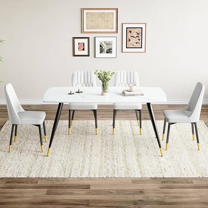 White Dining Table Set for 4, 62'' Dining Table Set for 4, Sintered Stone Dining Room Sets for 4, Easy to Assemble