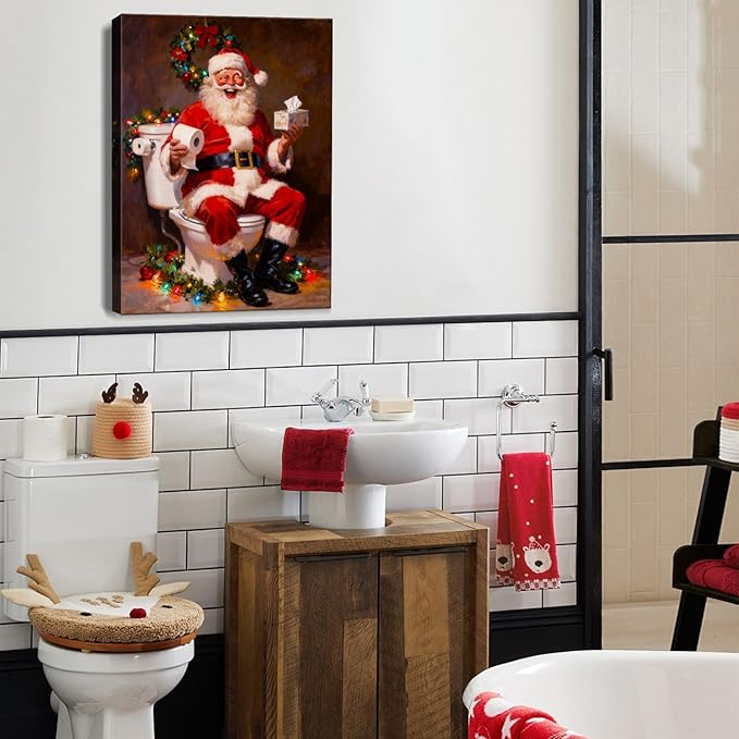 Funny Santa Claus Christmas Canvas Wall Art - Humorous Bathroom & Office Framed Print Ready to Hang, Unique Christmas Gifts for Family, Festive Winter Decor & Amusing Christmas Decorations