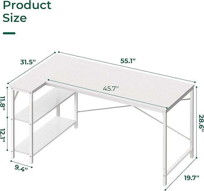 Huuger L Shaped Desk, 55 Inches Computer Desk with Reversible Storage Shelves, for Gaming Corner Home Office Writing Study, Metal Frame, White