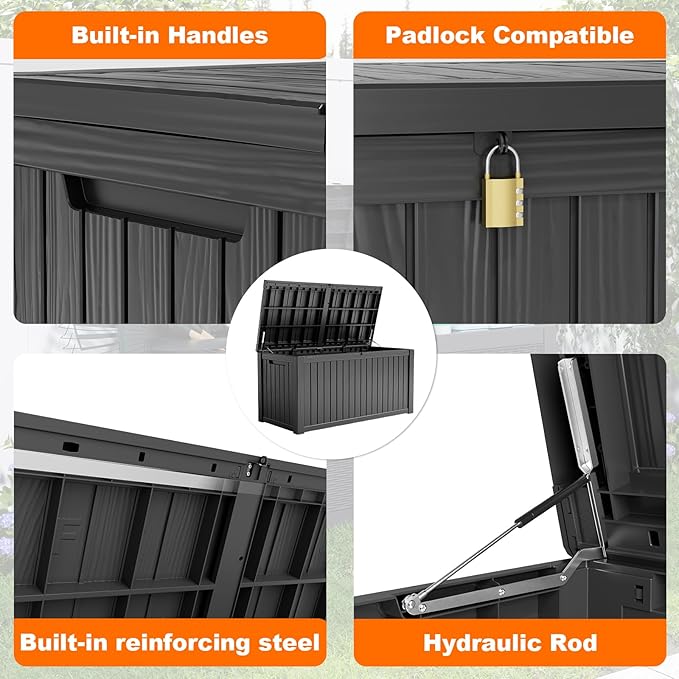 180 Gallon Resin Deck Box, Lockable Patio Outdoor Storage Box for Furniture, Garden Tools and Tools Storage, Waterproof Outside Storage Boxes - Black