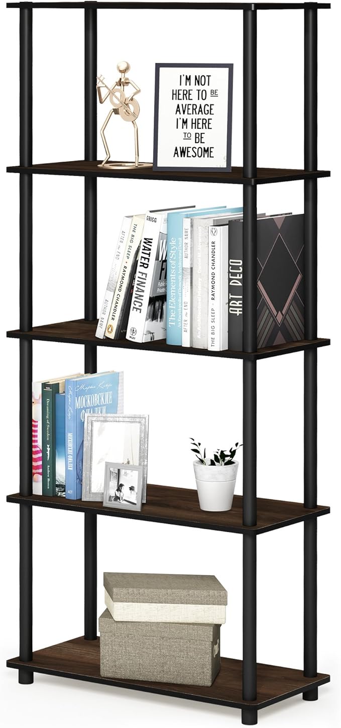 Furinno Turn-N-Tube 5-Tier Multipurpose Shelf / Display Rack / Storage Shelf / Bookshelf, Round Tubes, Columbia Walnut/Black