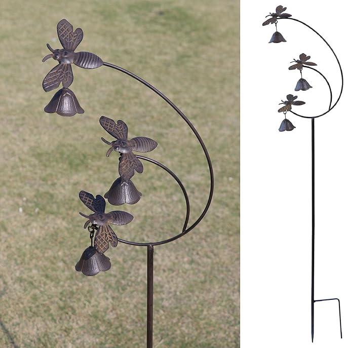 Gardens Metal Bees with Bells for Outside Garden Art,Decorative Garden Stakes