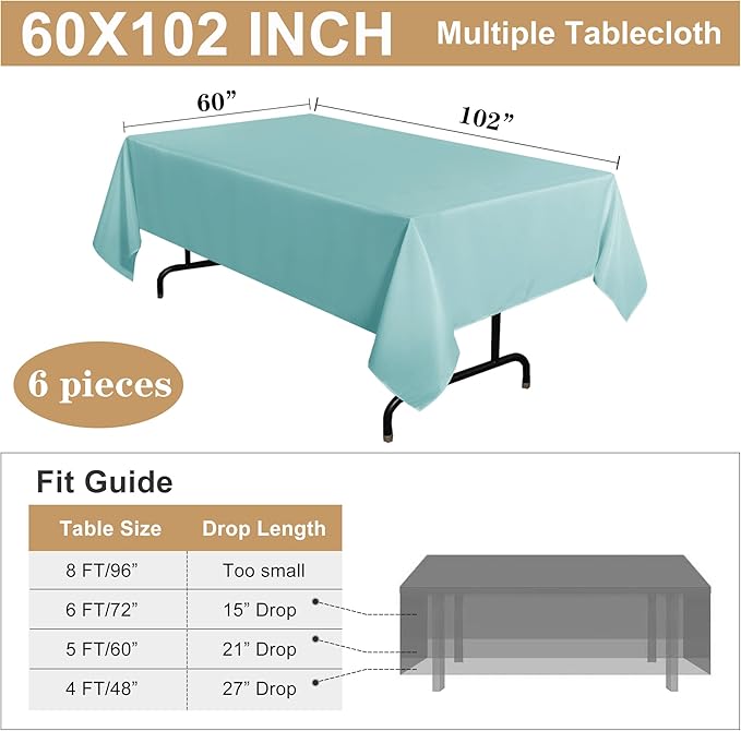 sancua 6 Pack Turquoise Tablecloth 60 x 102 Inch, Rectangle Table Cloth for 6 Feet Tables - Stain and Wrinkle Resistant Washable Polyester Table Cover for Dining Tables, Buffet Parties and Camping