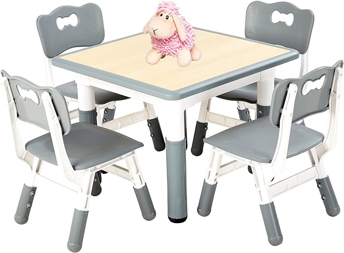 FUNLIO Kids Table and 4 Chairs Set, Height Adjustable Toddler Table and Chair Set for Ages 3-8, Easy to Wipe Arts & Crafts Table, for Classrooms/Daycares/Homes, CPC & CE Approved (5-Piece Set) - Gray