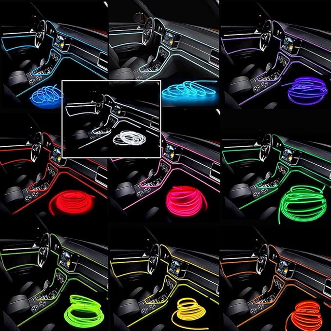 El Wire Yellow Interior Car LED Strip Lights, 10M Neon Wire USB 5V with Fuse Protection for Automotive Interior Decoration, with 6mm Sewing Edge