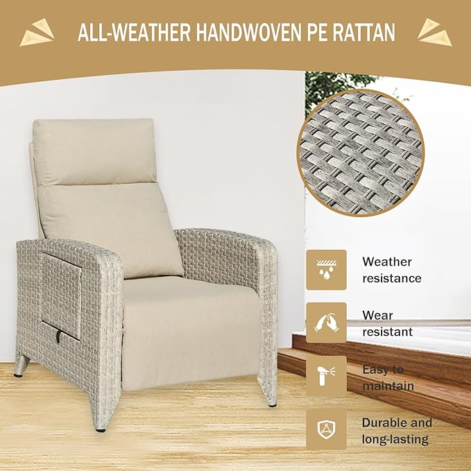 Upgraded Outdoor Recliner Chair, Reclining Patio Chairs with Adjustable Back up to 150°Lay Flat and Extended Footrest, Wicker Recliner Chairs with Flip Table and Removable Olefin Cushion
