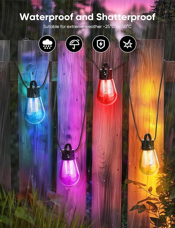 APPECK Outdoor String Lights, 50ft Smart RGBW Patio Lights Outside with 15 LED Bulbs, Extendable, 111 Scene Modes, IP65 Waterproof Lighting for Backyard, Dimmable Warm White, Compatible with Alexa
