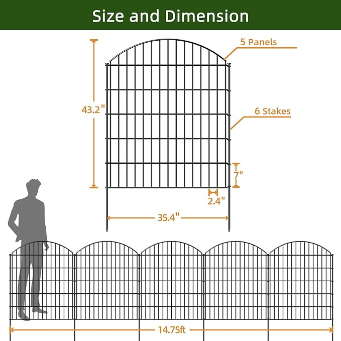 Decorative Metal Garden Fence Outdoor CTW3643, 43.2in H x 14.75 ft L, No Dig Temporary Dog Fence Border Fencing for Yard Patio Landscape Flower Bed,5 Panels + 6 Stakes, Black