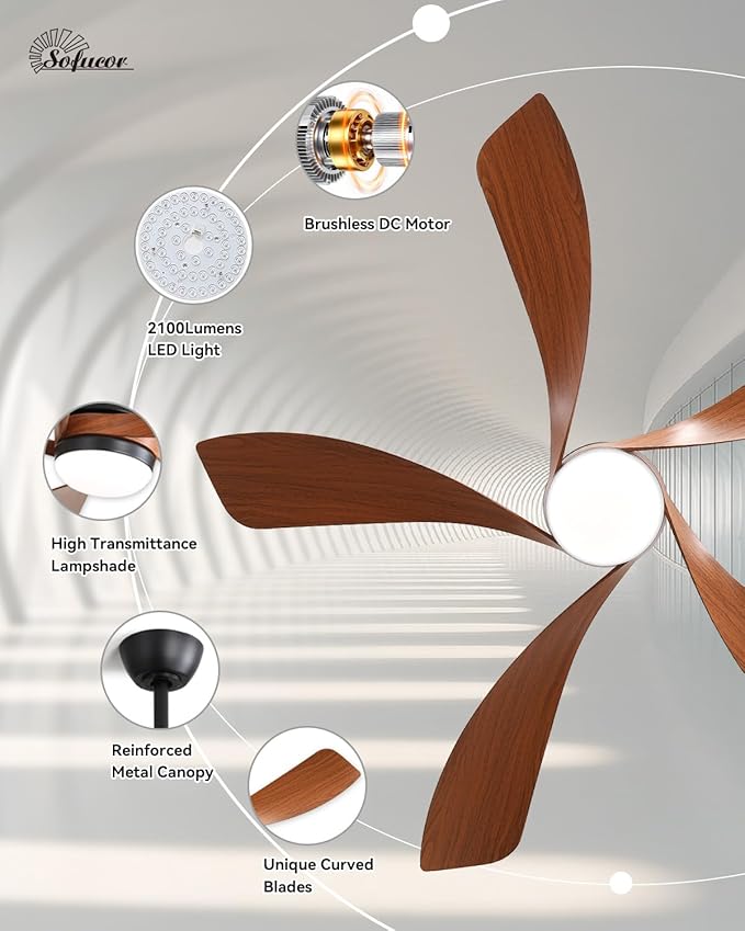 Sofucor 52 Inch Ceiling Fans with Lights and Remote, Outdoor Ceiling Fan with Light 6-Speed 3 CCT 3-Timer, Low Profile Ceiling Fan 5 Blade Reversible DC Motor for Living Room Bedroom Patio