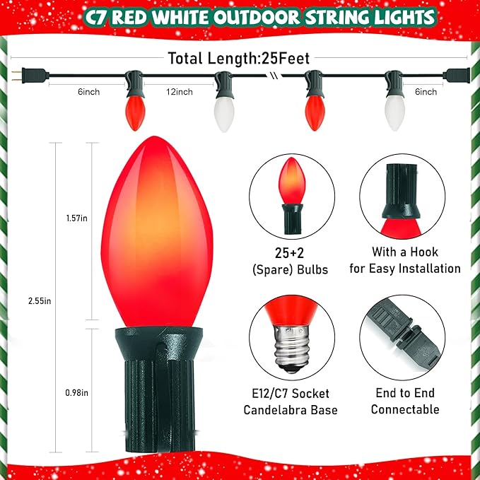C7 LED Red and White Christmas Lights, 25Ft Outdoor Christmas Decorations Light with 27 Shatterproof LED Bulbs, Hanging Vintage Christmas Lights for Christmas Tree Roofline Holiday Party Backyard