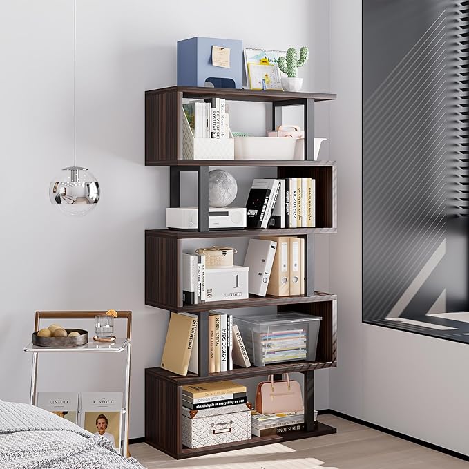 SORCEDAS Bookshelf Geometric Bookcase S Shaped Industrial Bookshelf Storage Display Stand Shelf for Living Room Bedroom and Office Room (Black, 5 Tier)