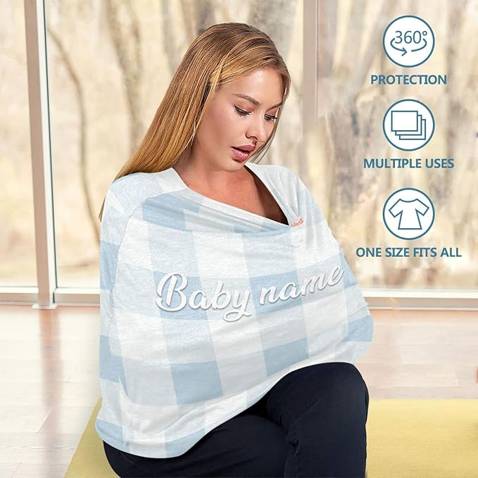 Personalized Baby Car Seat Cover for Babies, Custom Name Baby Car Seats Canopy for Boys Girls, Nursing Breastfeeding Stroller Covers for Infant Newborn, Shower Gift (Blue Plaid)
