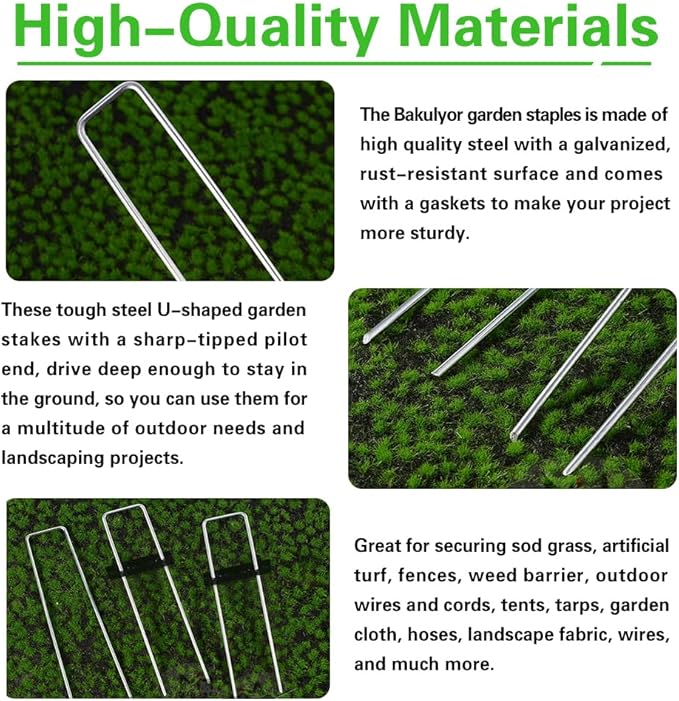 Bakulyor 50 Pcs Landscape Staples + 50 Pcs Gasket, 6 Inch Garden Stakes Staples 11 Gauge U Shaped Galvanized Lawn Landscape Pins, Heavy Duty Yard Ground Pin for Weed Barrier Sod Fabric Decorations