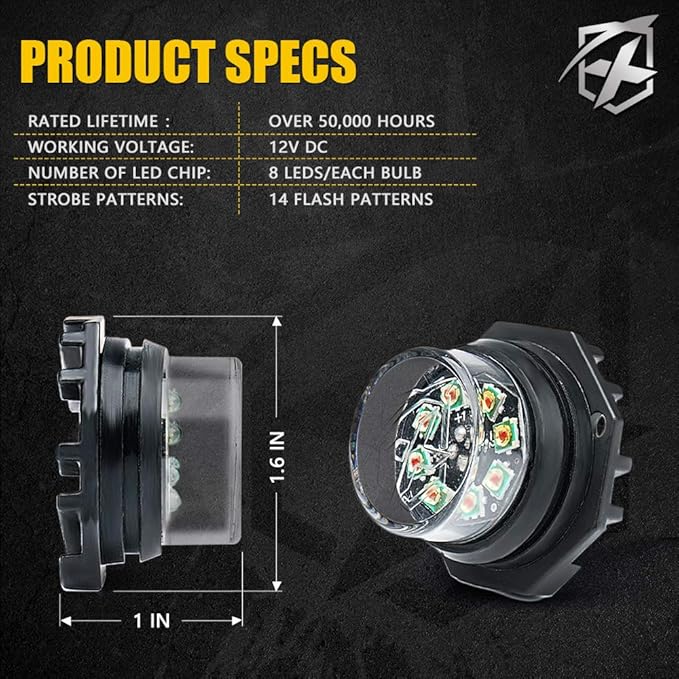 Xprite Hideaway Strobe Lights Amber LED Strobe Light Kit with 14 Flash Patterns Grill Strobe Lights for Trucks Surface Mount Headlight Taillight Emergency Warning for Work and Tow Vehicles - 4PCS